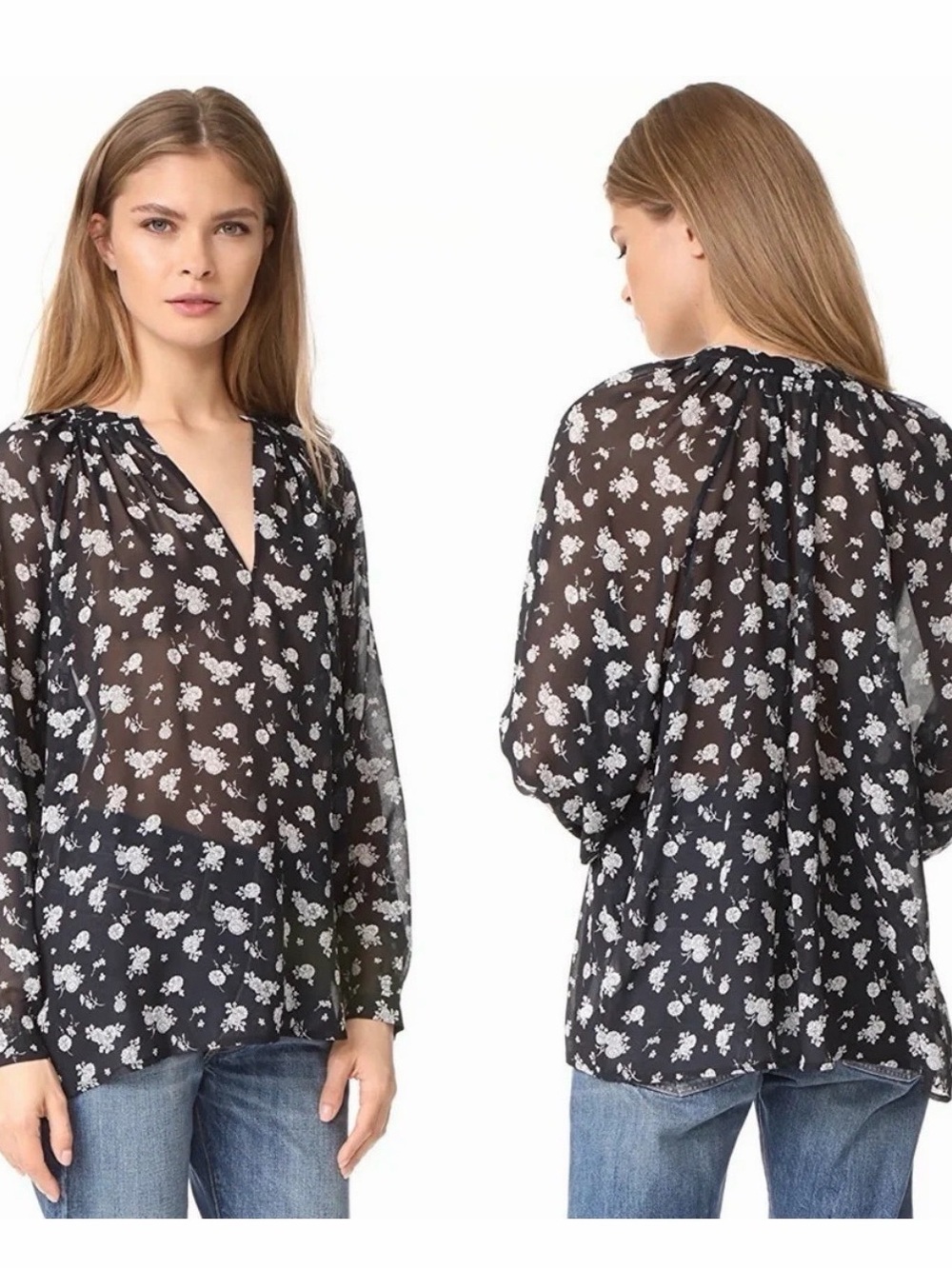 Vince Black & White Floral Silk Blouse Womens Medium Sheer Casual